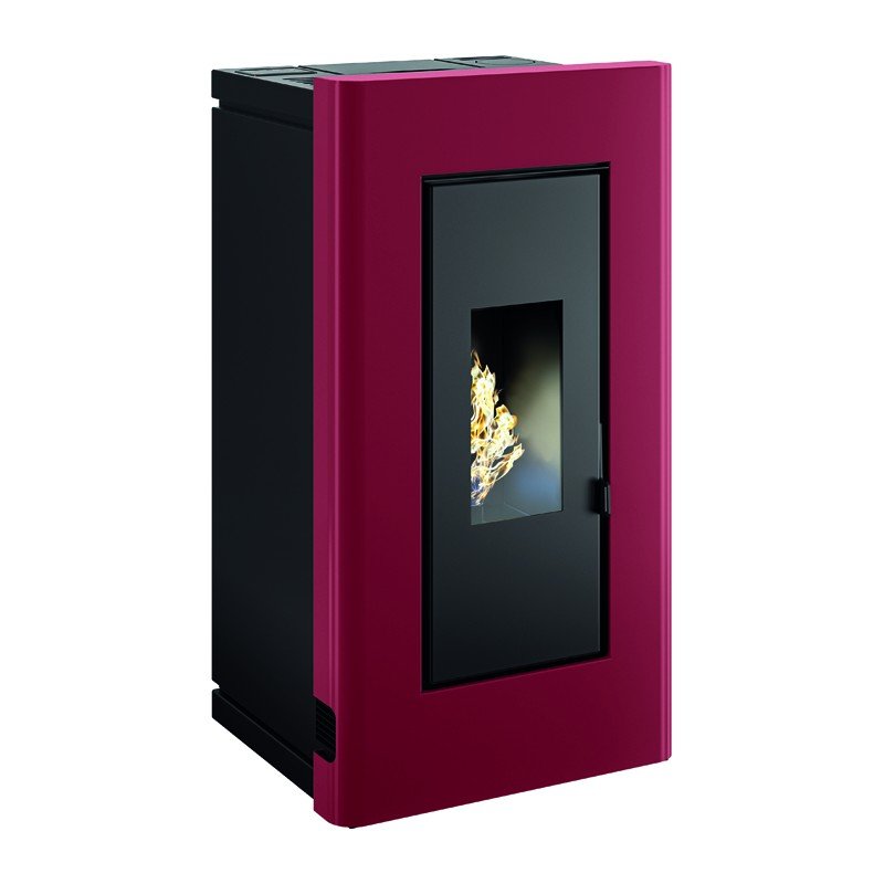 Poêle à granulés étanche et canalisable DUKE 14 kW rouge, idéal pour chauffage efficace avec kit ventouse inclus.