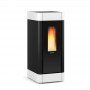Poêle à granulés moderne Sinfony 11 kW élégante, avec un design noir et blanc, offrant une efficacité thermique optimale.