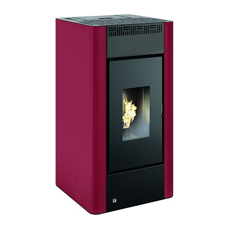 Poêle à granulés rouge 9 kW Maria 2.0, élégante et moderne avec fenêtre de combustion visible pour un chauffage optimal.