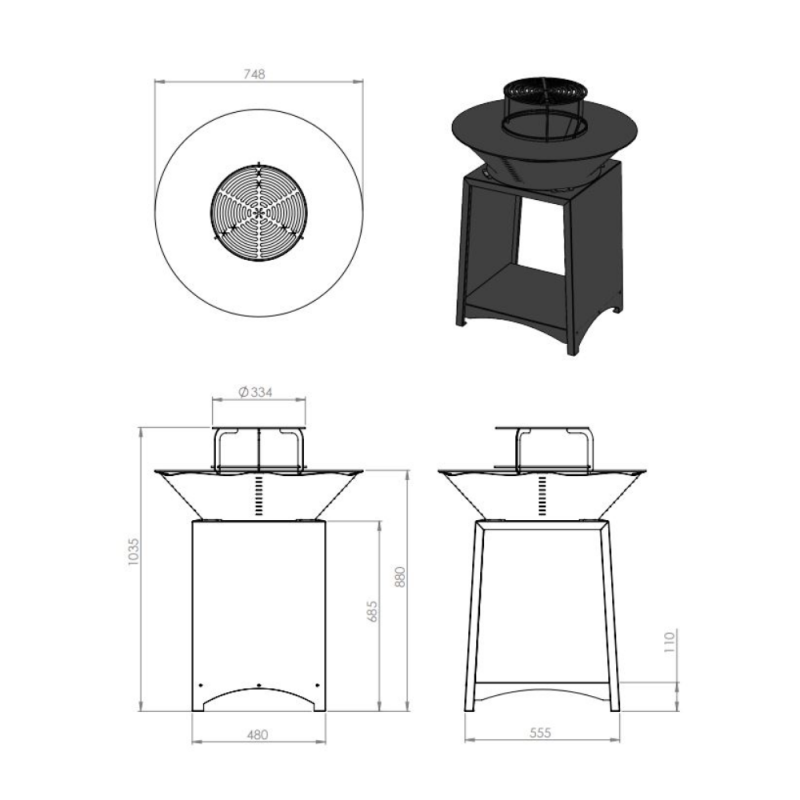 Plan technique du brasero Brasinox Fiesta avec dimensions et vue éclatée du piètement en acier