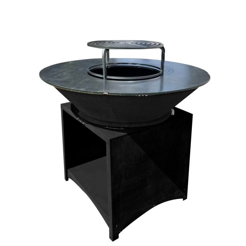 Brasero plancha inox Brasinox Fiesta avec cuve ronde et grille centrale sur meuble noir