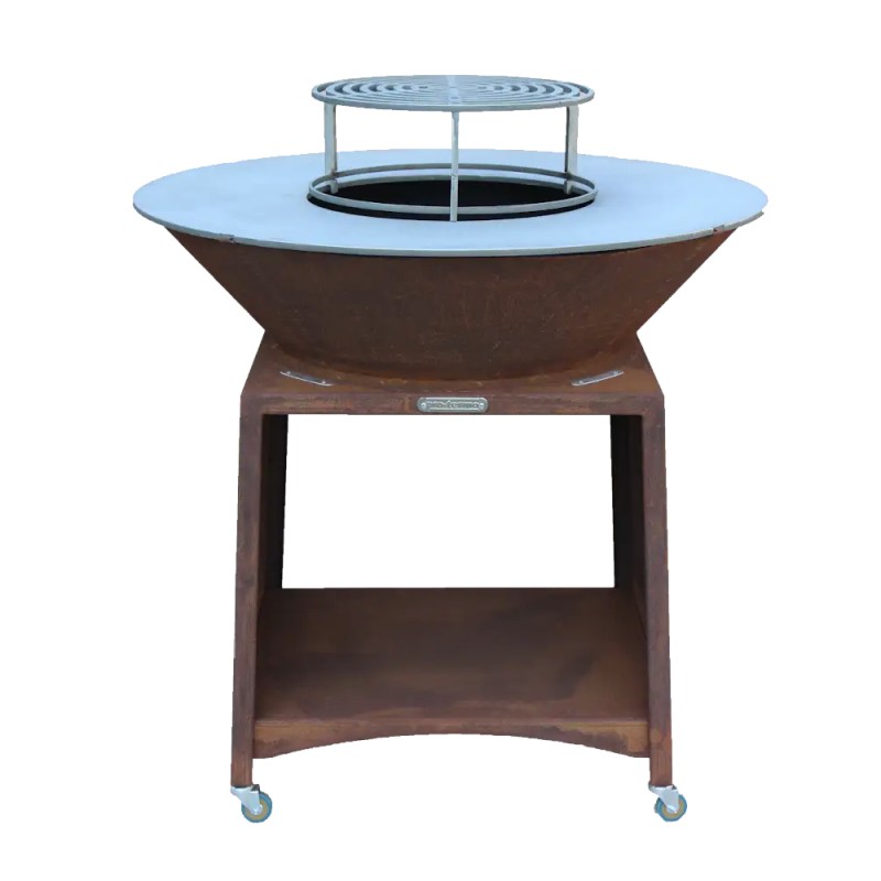 Brasero plancha Brasinox Fiesta en acier corten avec grille réglable et chariot à roulettes 100 cm