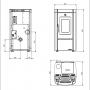 Dessin technique de la Poêle à Granulés 7 kW Moira EVO montrant les dimensions et design avant et latéral.