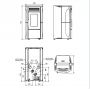 Dimensions techniques de la poêle à granulés 12 kW Terry Plus, incluant vues avant, latérale et dessus pour installation.