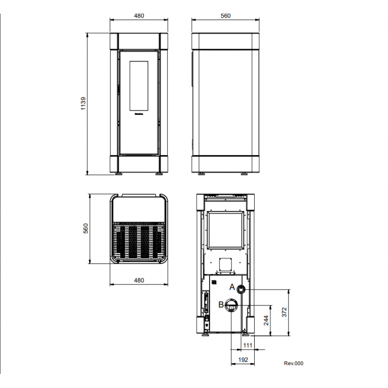Plan technique et dimensions du poêle à granulés Sinfony 11 kW avec vues face, profil et dessus