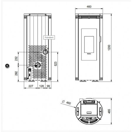 Diagramme technique de la poêle à granulés Amika 8 kW, présentant ses dimensions exactes pour une installation optimale.
