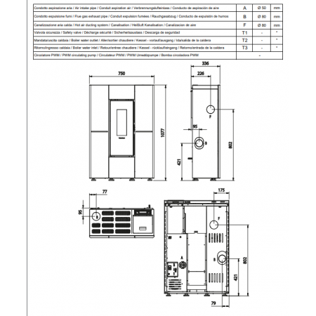 Plan technique du poêle à granulés slim Marilena Plus AD 8kW avec dimensions et raccordements