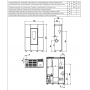 Schéma technique de la poêle à granulés slim Marilena Plus ad 8kW avec dimensions et détails de canalisation.