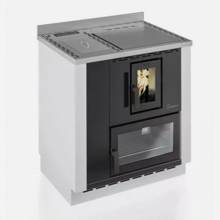 Cuisinière à granulés DESYRÉ 9.0 encastrable avec four vitre, façade noire et plan de cuisson inox