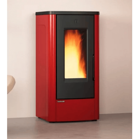 Poêle à granulés rouge Dahiana VFS 10 kW avec ventilation, design moderne, solution de chauffage efficace.