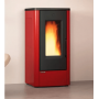 Poêle à granulés rouge Dahiana VFS 10 kW avec ventilation, design moderne, solution de chauffage efficace.