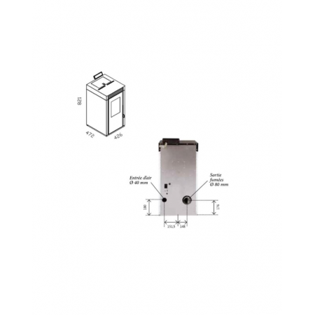 Schéma technique du poêle à granulés Marina 11 avec dimensions et raccordements d'entrée et sortie d'air
