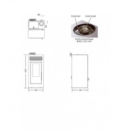 Plans techniques et dimensions du poêle à granulés étanche Marina 11C avec sortie concentrique dessus