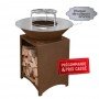 Brasero plancha en acier corten avec plaque de cuisson en inox de 75 cm montée sur socle de rangement de bois.