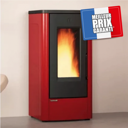 Poêle à granulés Dahiana plus VFS 10kW en acier rouge, design moderne et élégant pour un chauffage efficace.