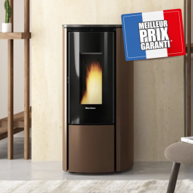 Poêle à Granulés Étanche 9 kW Katia 9 Poêle à granulés étanche Katia 9 kW marron en fonctionnement dans un intérieur moderne et chaleureux.