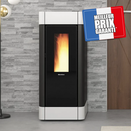 Poêle à granulés Sinfony 11 kW design moderne noir et blanc avec flamme allumée