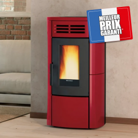 Poêle à Granulés 12 kW Terry Plus Poêle à granulés rouge Terry Plus 12 kW chauffant un salon moderne, idéal pour un chauffage écologique et efficace.