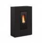 Poêle à granulés slim Marilena Plus 8kW noir, modèle canalisable moderne pour chauffage efficace et design compact.
