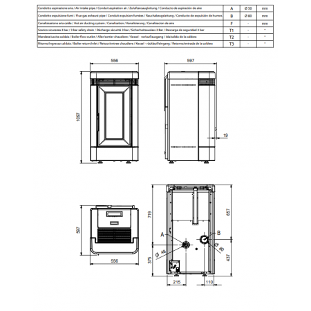 Plan technique et dimensions du poêle à granulés Extraflame Lucia 12kW avec cotes d'installation