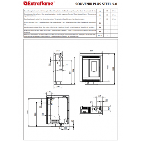 Plan technique avec dimensions du poêle à granulés Extraflame Souvenir Plus Steel 5.0 de 10 kW