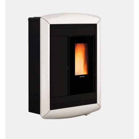 Poêle à granulés Souvenir Plus Lux noir et blanc 10 kW avec vitre panoramique allumé