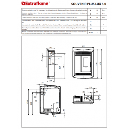 Plan technique et dimensions du poêle à granulés Extraflame Souvenir Plus Lux 5.0 de 10 kW