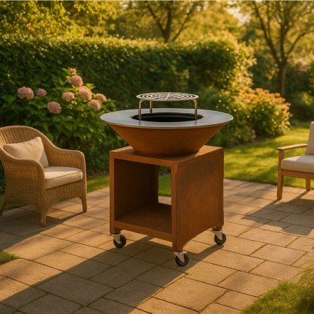 Brasero corten design avec plaque inox 304, diamètre 100 cm, pour cuisiner en extérieur avec style et fonctionnalité.