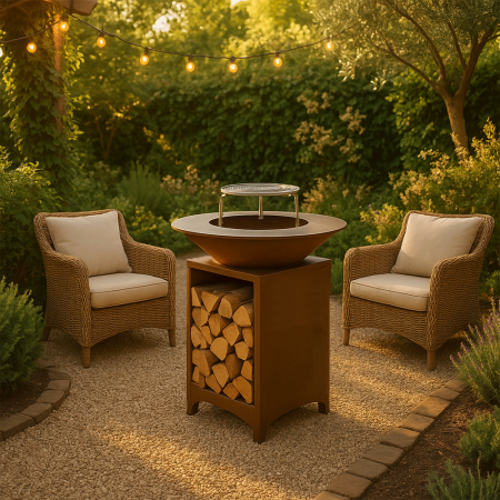 Brasero plancha en acier corten avec plaque de cuisson en inox de 75 cm montée sur socle de rangement de bois.