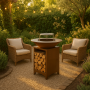 Brasero plancha en acier corten avec plaque de cuisson en inox de 75 cm montée sur socle de rangement de bois.