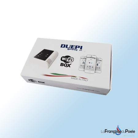 Boîte du Module WI-FI Duepi avec illustration de smartphones, made in Italy, connectivité facile et innovation.