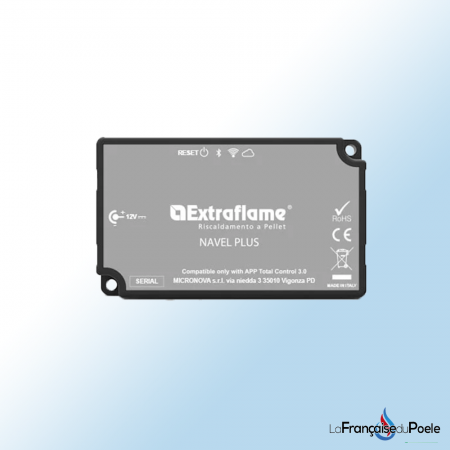 Module Wi-Fi Extraflame couleur grise, modèle Navel Plus, compatible avec contrôle à distance par application mobile.