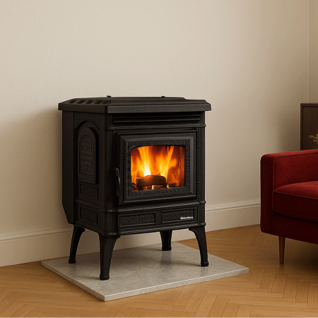 Poêle à granulés Teodora Evo en fonte noire 8kW installé dans un salon avec feu allumé