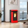 Poêle à pellets moderne Lucia plus 12Kw rouge dans un salon élégant, offrant confort et chaleur avec vue panoramique.