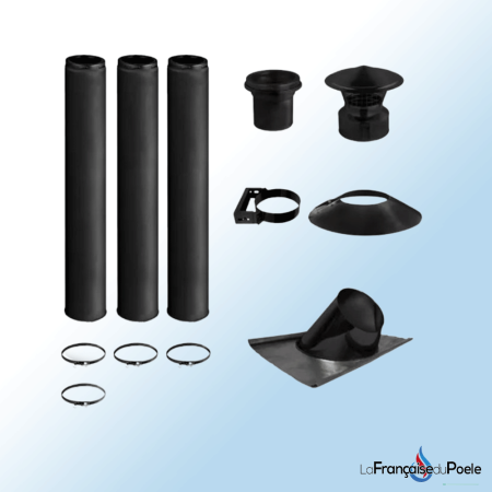 Kit complet fumisterie noir avec conduits, chapeau, colliers et solin d'étanchéité pour poêle à bois