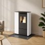 Poêle à granulés Eva Calor Pia blanc et noir design compact installé dans un salon moderne avec flamme allumée