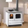Cuisinière à bois SOVRANA EASY EVO 2.0 en acier Blanc avec double four en verre et cuisinière à gaz en cuisine moderne.