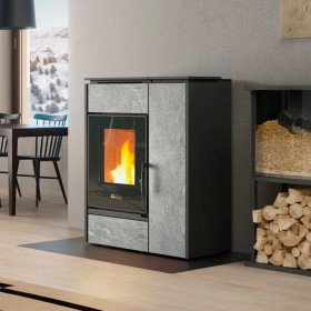 Poêle hybride Margaret Petra 10 kW gris combinant bois et granulés pour un chauffage efficace
