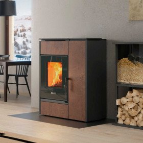 Poêle hybride bois et granulés Margaret Grès Corten 10 kW marron au design contemporain