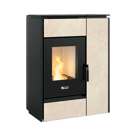 Poêle hybride bois et granulés Margaret 10 kW en acier noir et habillage grès beige Ostuni