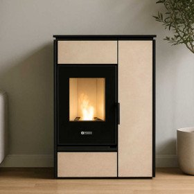 Poêle hybride 10 kW beige fonctionnant au bois et aux granulés pour un confort optimal