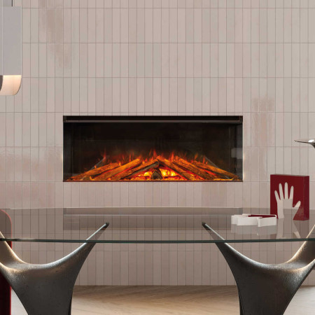 Cheminée électrique encastrable Lumen 1200 avec flammes LED orangées intégrée dans un mur beige moderne