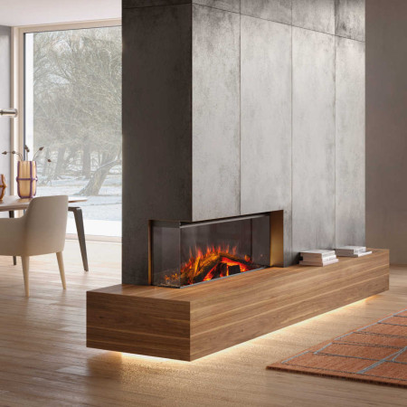 Cheminée électrique Lumen 1200 encastrée dans socle bois avec flammes LED orangées dans salon moderne