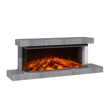 Cheminée électrique Lumen 1200 design moderne avec cadre gris béton et flammes LED effet bûches