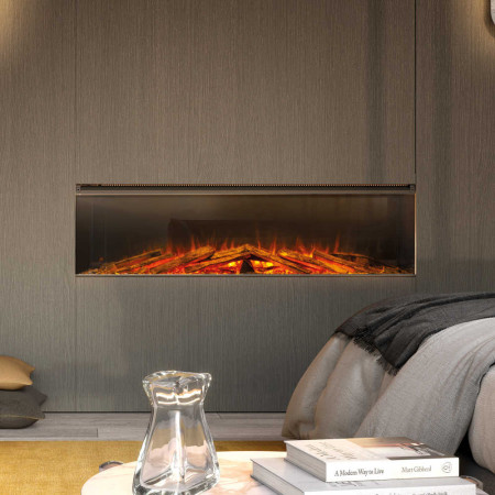 Cheminée électrique encastrable Lumen 1600 avec flammes LED et bûches décoratives installée dans un salon moderne