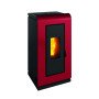Poêle à granulés canalisable Duke de 14 kW avec design moderne et élégant, couleur bordeaux avec vue sur la flamme.