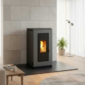 Poêle à Granulés Canalisable 14 kW Duke Poêle à granulés canalisable 14 kW Duke dans un salon moderne, chauffage efficace et élégant pour votre maison.