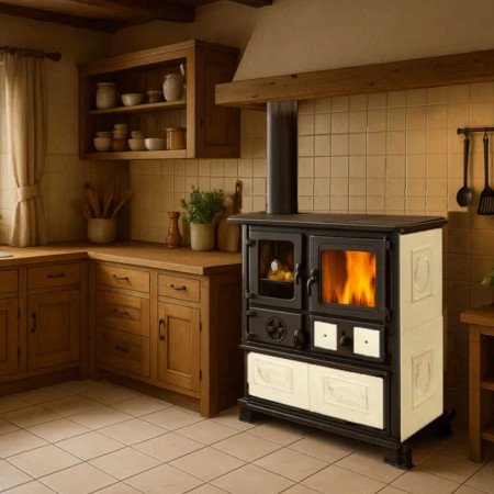 Cuisinière à bois 8 kw rosa reverse 2.0 moderne et élégante avec four intégré et finition soignée