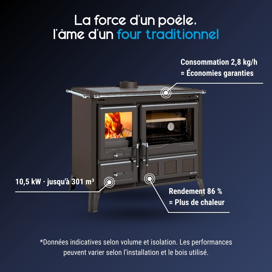 Cuisinière à bois Steel avec foyer et four, puissance 10,5 kW, rendement 86%, finition anthracite