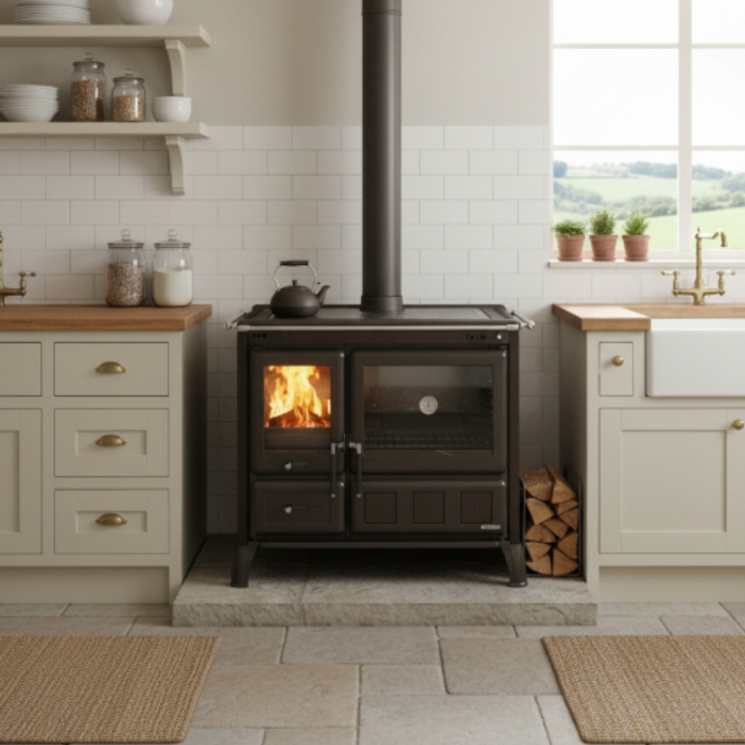 Cuisinière à bois Gardenia XXL Steel anthracite avec four et foyer allumé installée dans cuisine moderne